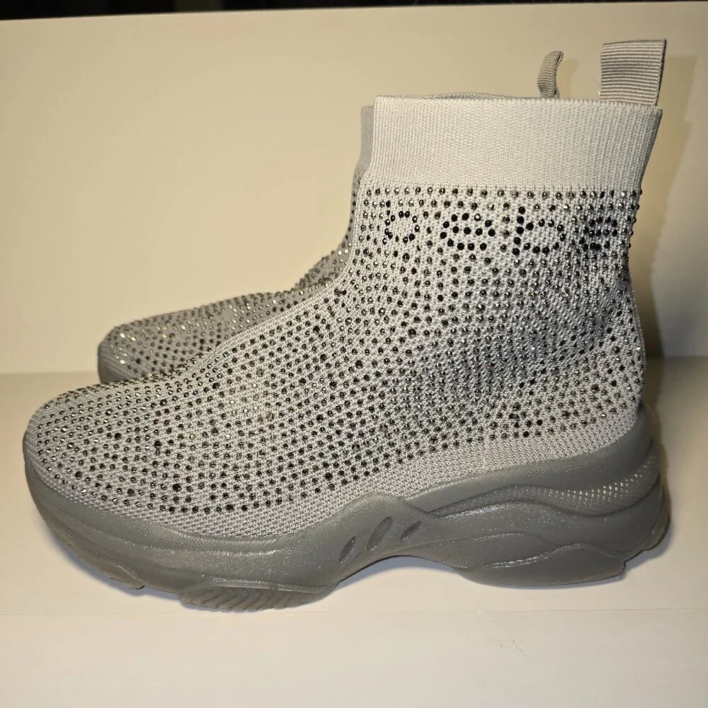 Bebe Rhinestone Sock Boots Womens 9 Gray Sparkly Platform Sneaker Boot Glam